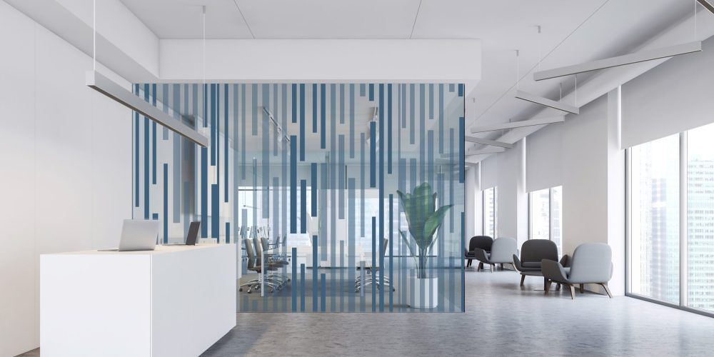 Interior of modern office with white walls, concrete floor, white reception table, meeting room with glass walls and lounge with armchairs. 3d rendering