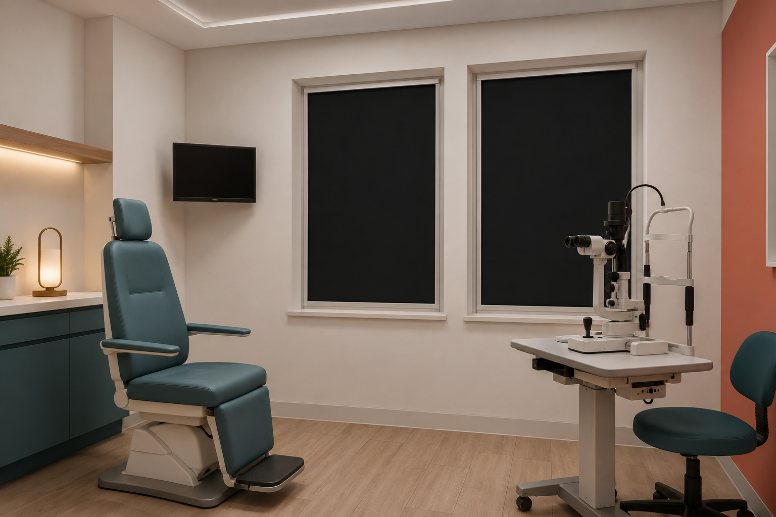 Lyto Smart Shades providing complete blackout in a modern ophthalmology examination room