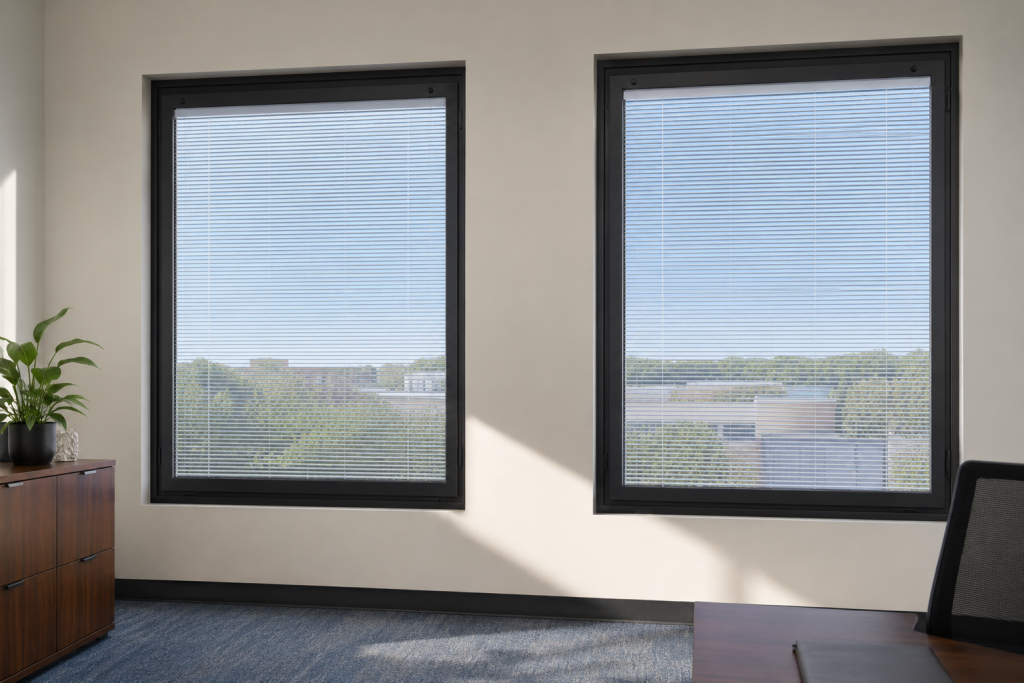 ntegral Venetian blinds enclosed within commercial office windows