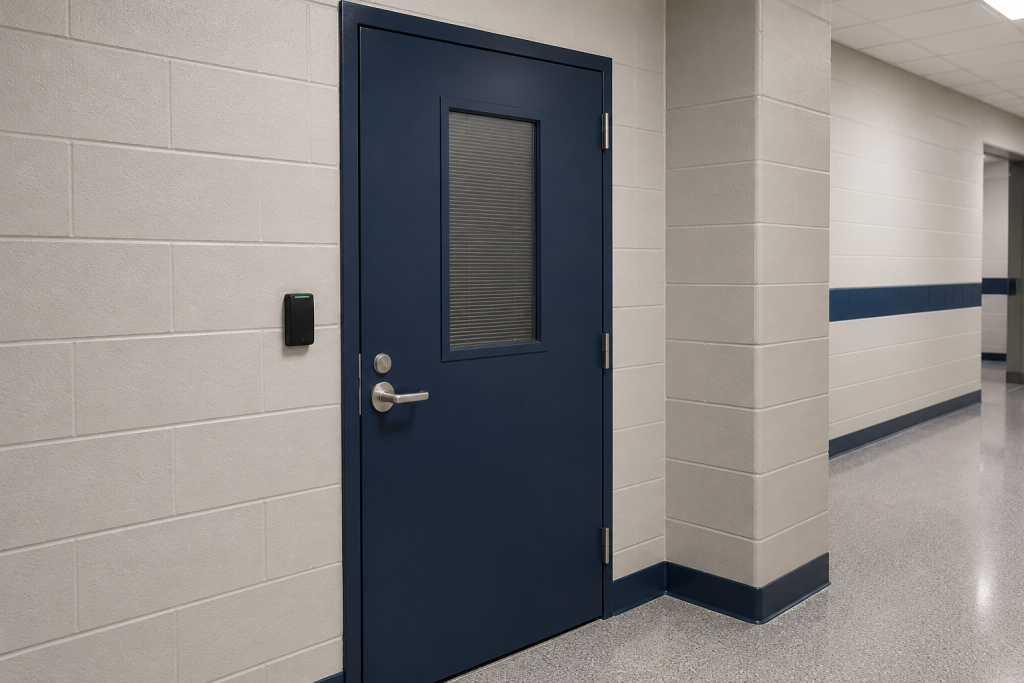 Integral blinds in a school office door and interior window