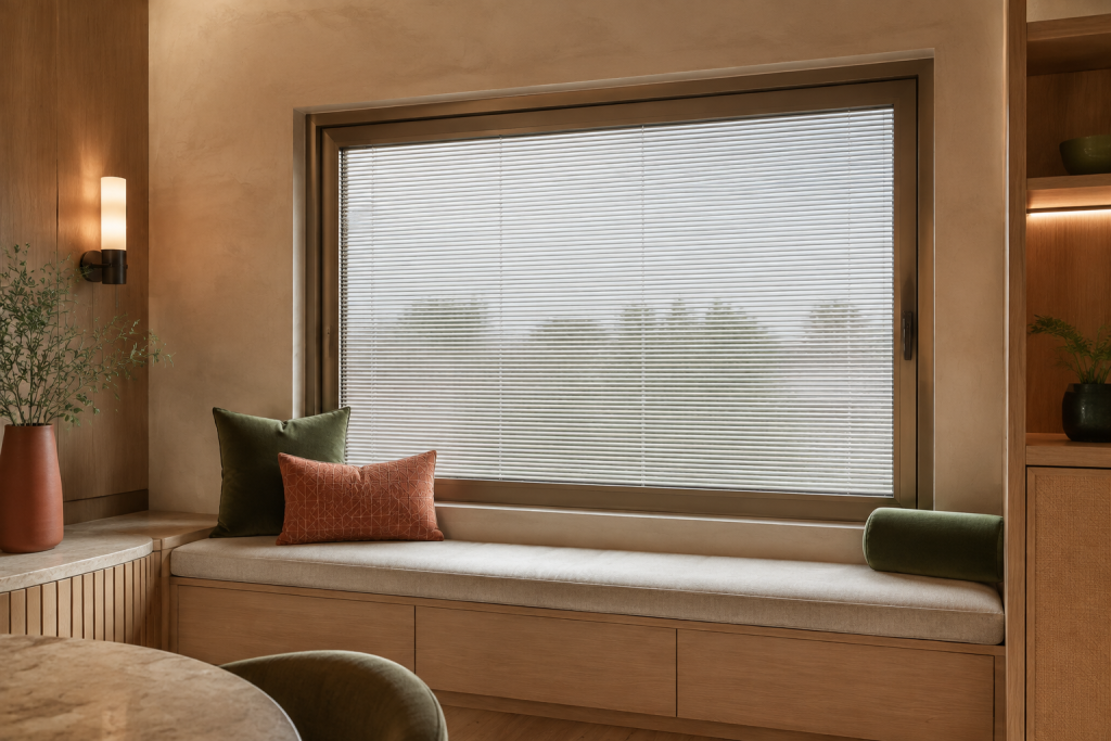 Integral Venetian blinds enclosed within a hotel guest-room window