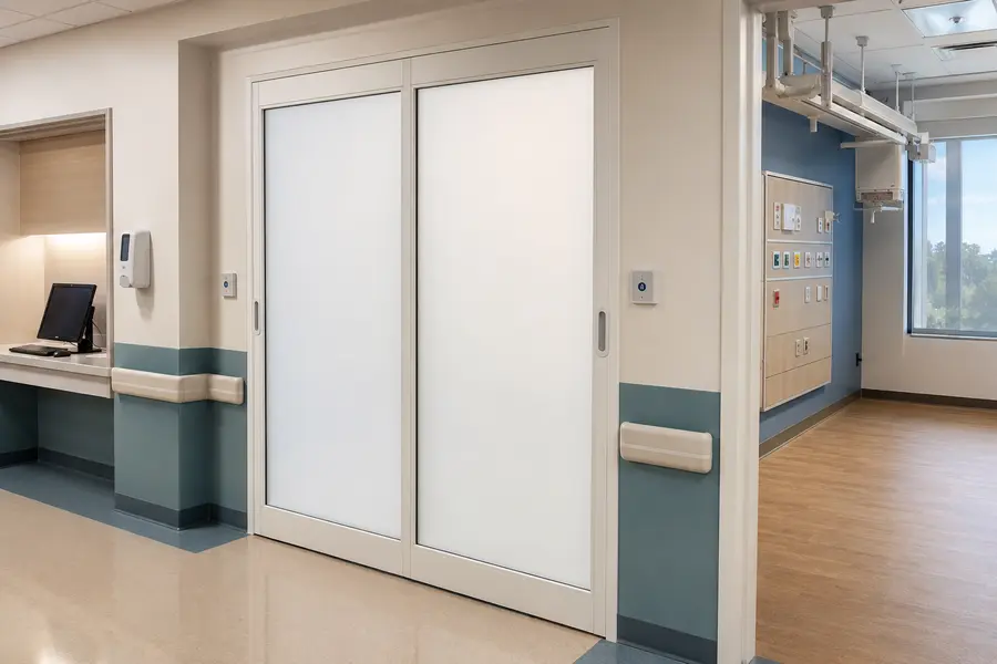 Clarity switchable privacy glass in the private state on a hospital patient-room entrance