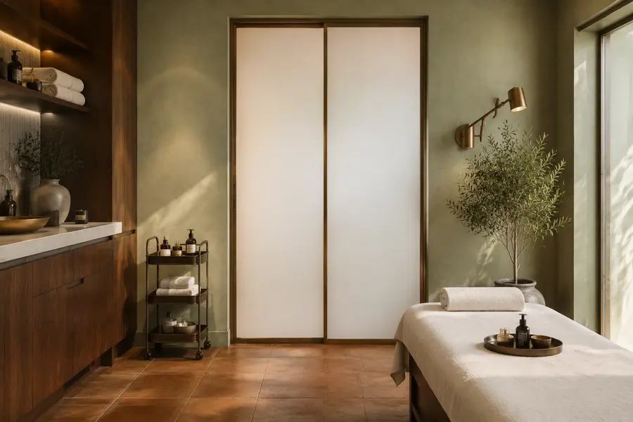 Clarity switchable privacy glass providing privacy in a boutique hotel spa treatment room