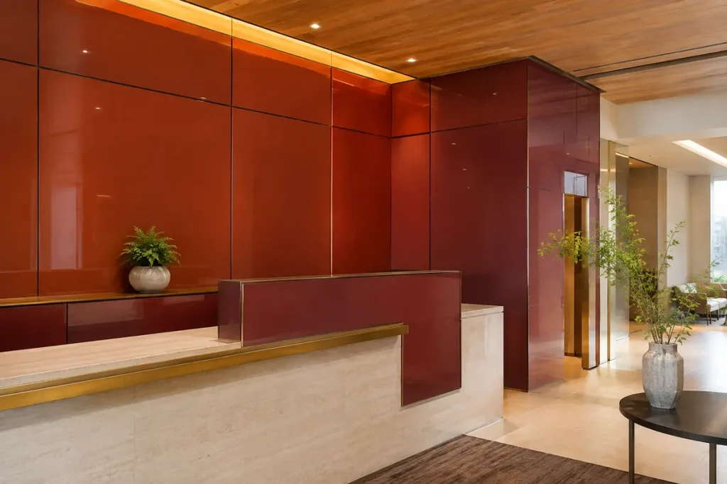 Opaque red and burgundy back-painted glass panels in a commercial reception interior