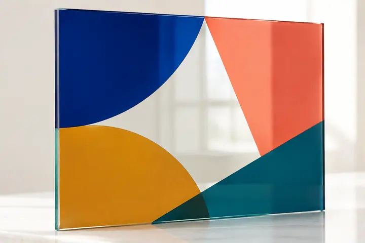 Custom blue, coral, gold, and teal ceramic graphics printed on clear glass