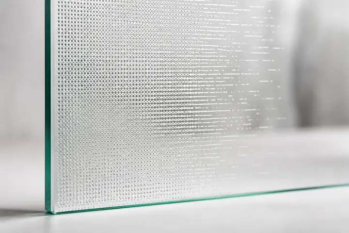 White frit-style ceramic pattern with varied coverage on clear architectural glass