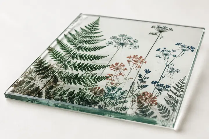 Detailed botanical imagery digitally printed with ceramic ink on clear glass