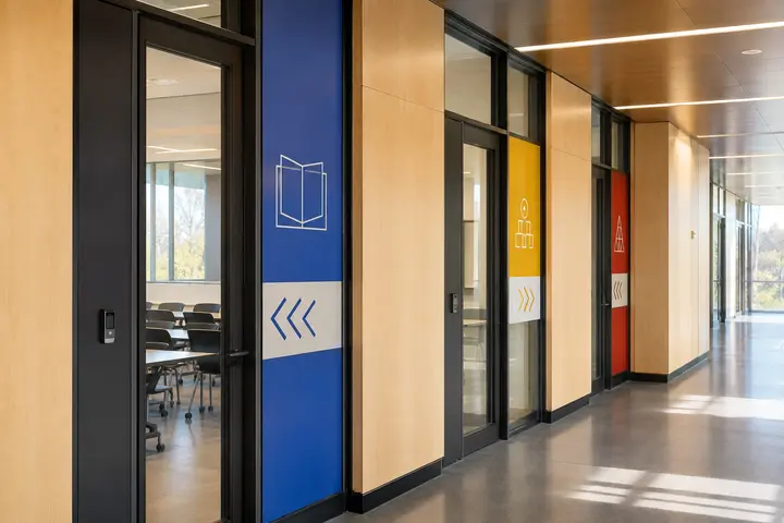 Color-coded ceramic-printed glass panels providing wayfinding in a university corridor