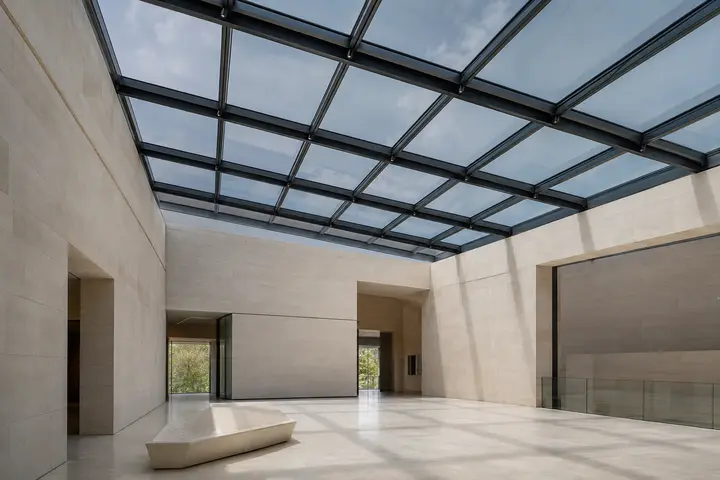 HUEE SunControl dynamic glazing in a segmented museum atrium roof