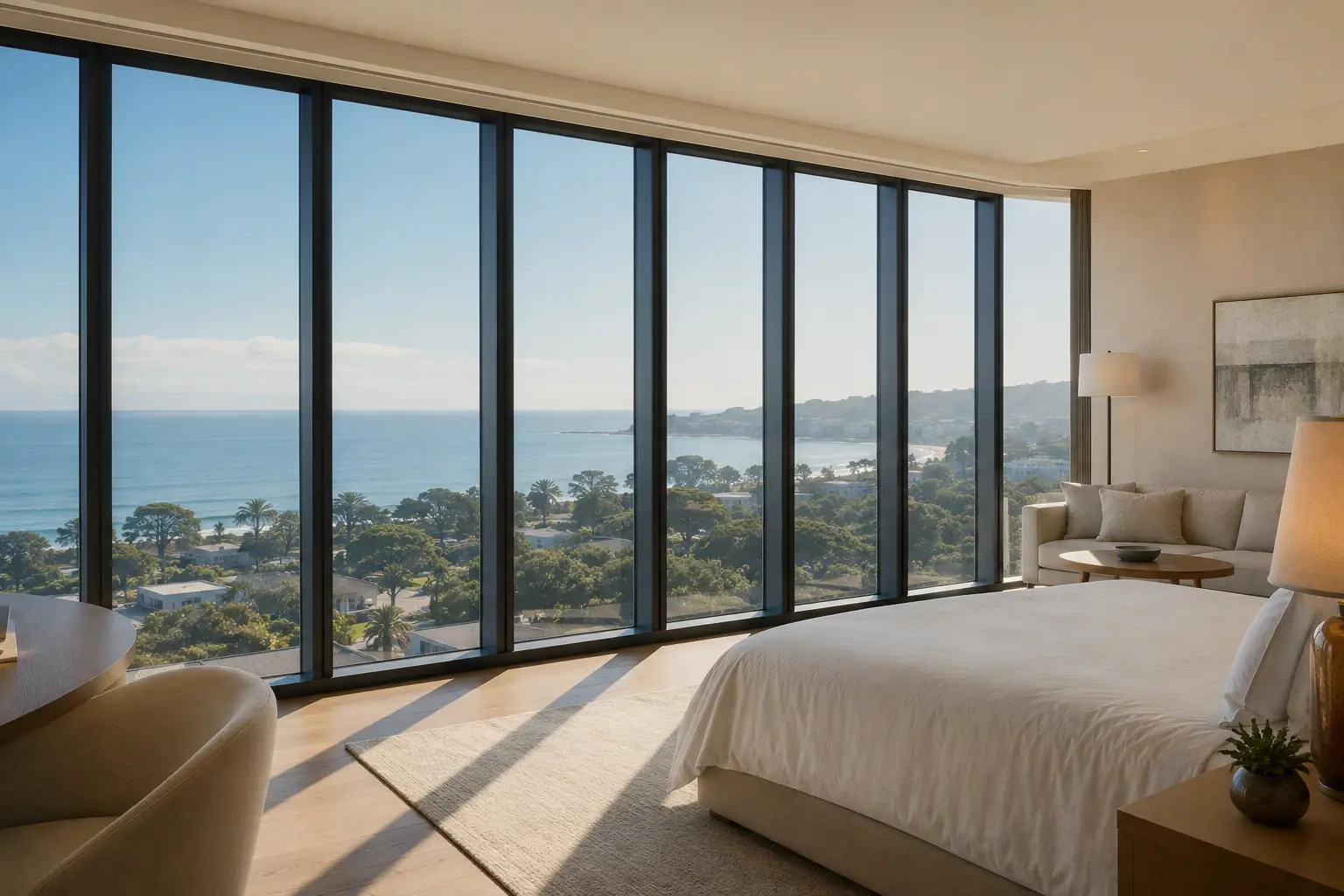HUEE Clear mode glazing preserves daylight and ocean views in a hotel suite