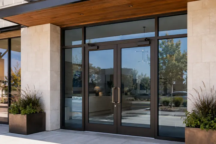 HUEE SunControl glazing in commercial front entrance doors, sidelites, and transom