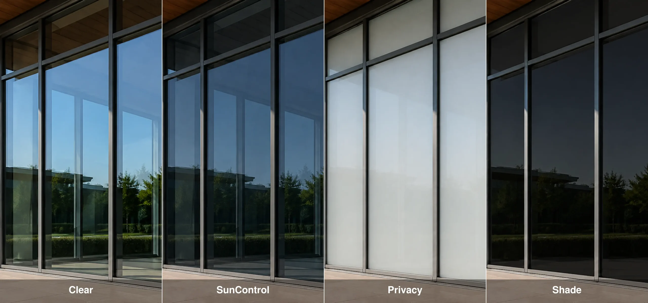 HUEE dynamic glazing shown in Clear, SunControl, Privacy, and Shade modes