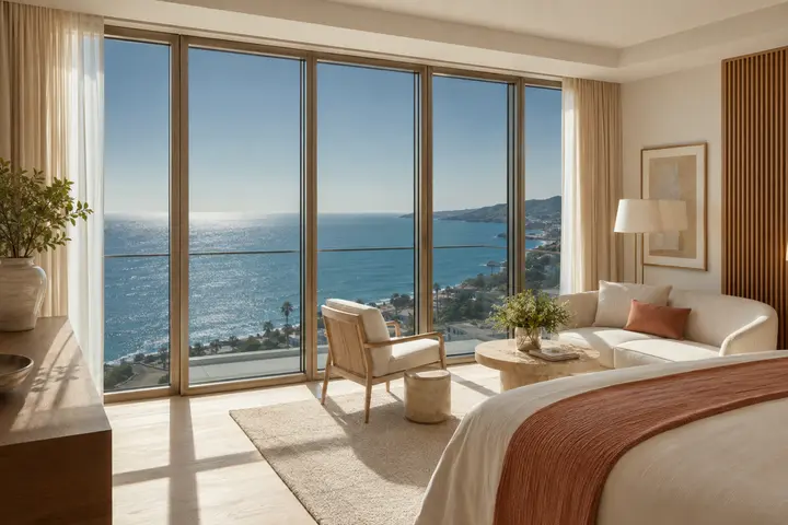 HUEE SunControl dynamic glazing in a coastal hotel guest suite