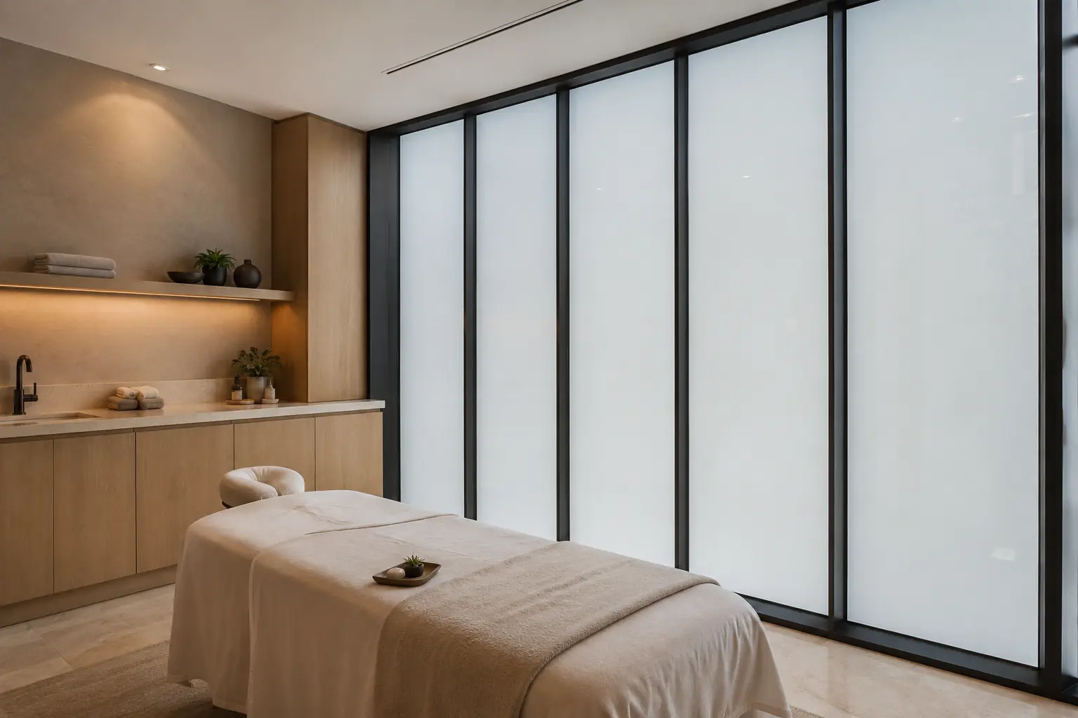 HUEE Privacy mode glazing obscures exterior views in a hotel spa treatment room
