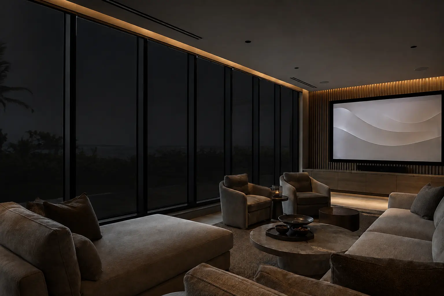 HUEE Shade mode darkens exterior glazing in a daytime hotel screening room