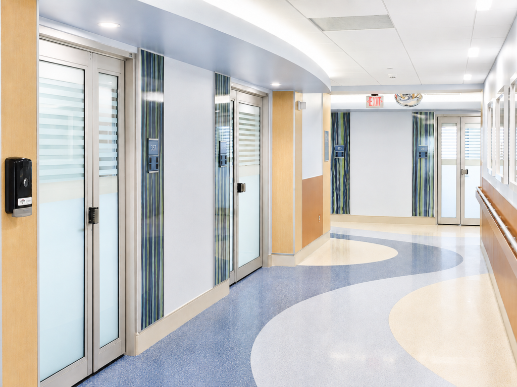 Vistamatic Vista Max-XL privacy vision panel installed in a modern hospital corridor