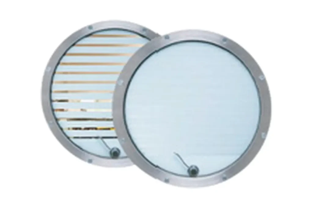 Circular VISTA-Port privacy vision panel shown in open and private positions