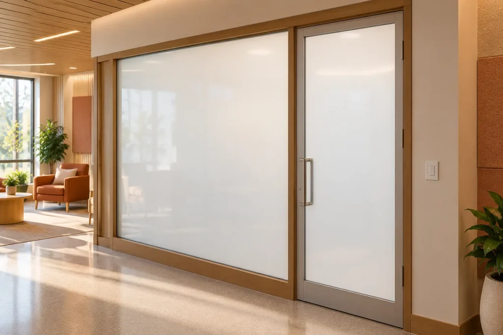 Clarity switchable privacy glass enclosing a behavioral health counseling room