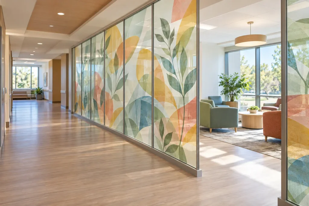 Decorative printed glass providing privacy and calming wayfinding in a behavioral health facility