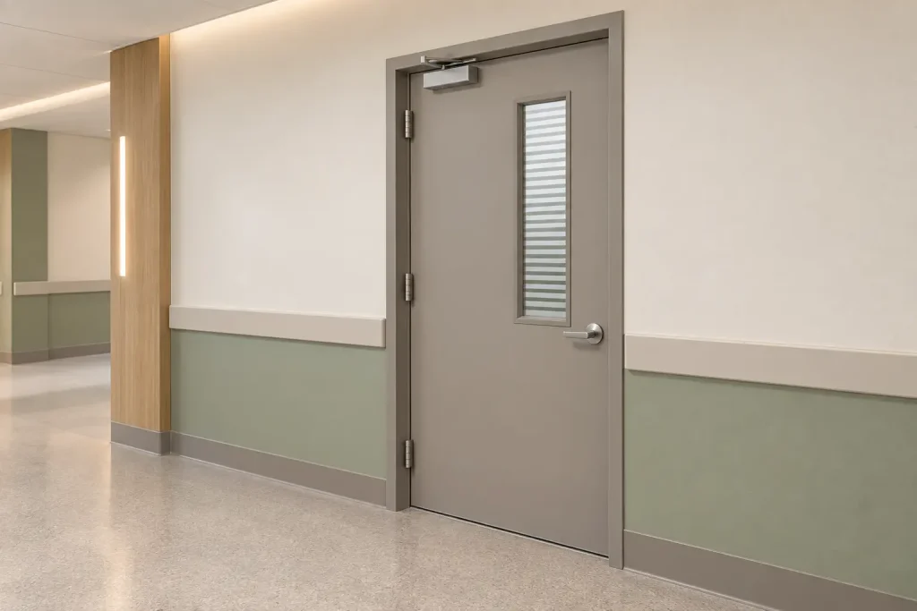 Vistamatic privacy vision panel installed in a behavioral health hollow metal door and frame