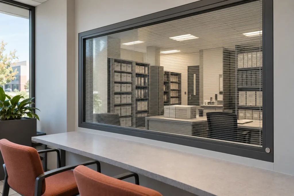 BetweenGlassBlinds™ integral blinds sealed within an interior window overlooking a secure government records room