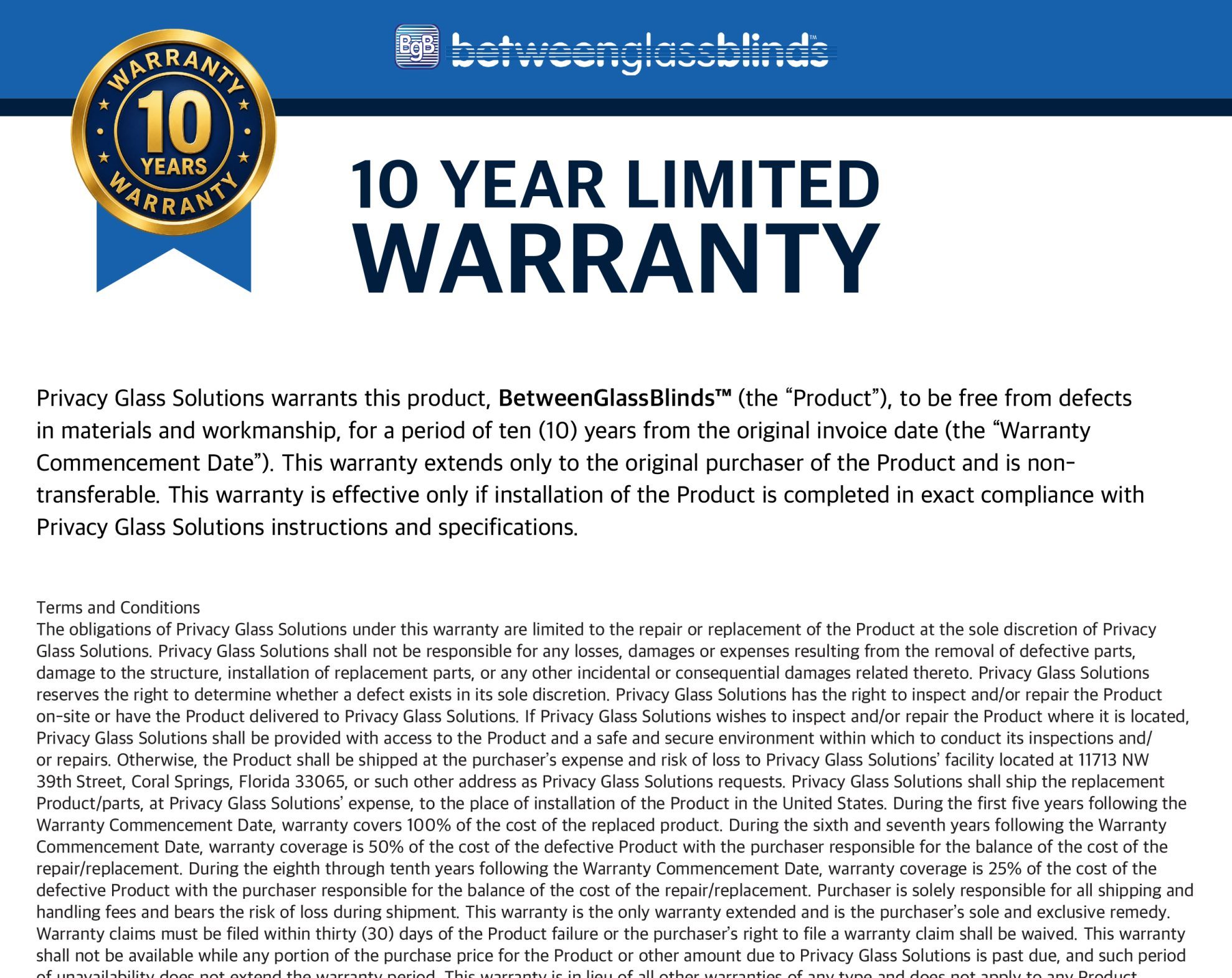 BetweenGlassBlinds™ Product Warranty