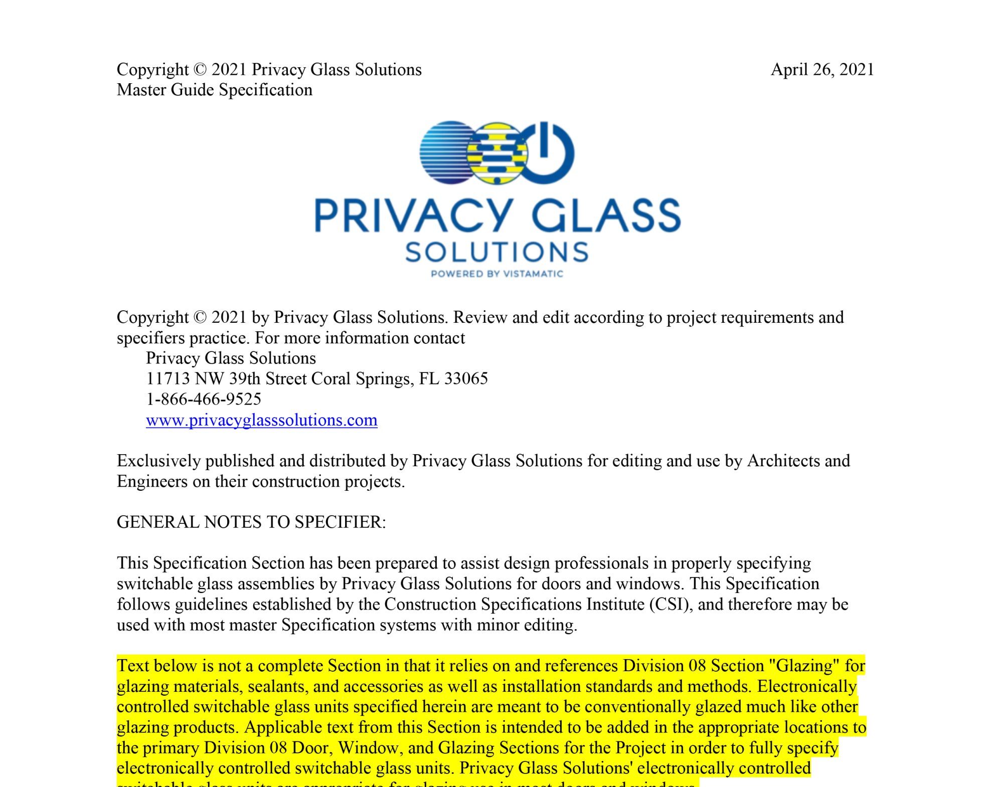 Clarity™ Switchable Privacy Glass 3-Part Spec Sheet