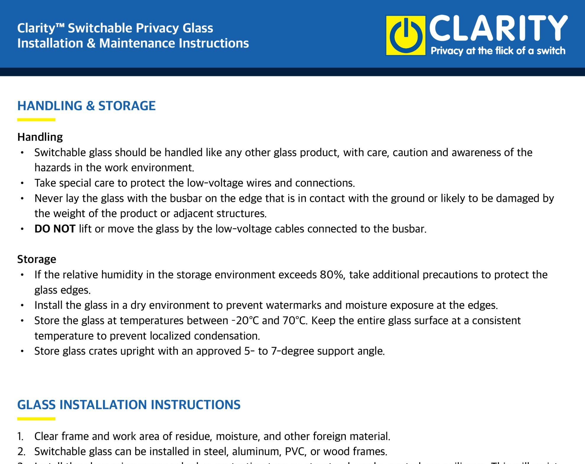 Clarity™ Switchable Privacy Glass Installation & Maintenance Guide