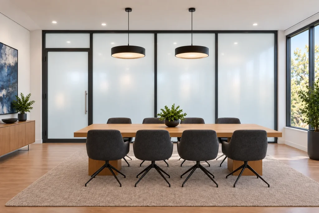 Conference room with opaque Clarity™ switchable privacy glass panels and a matching glass entrance