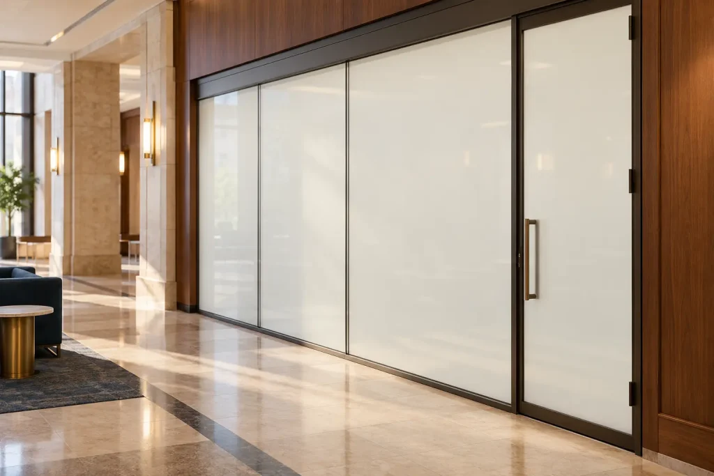 Clarity switchable privacy glass in its private state across a courthouse corridor door and glazed wall
