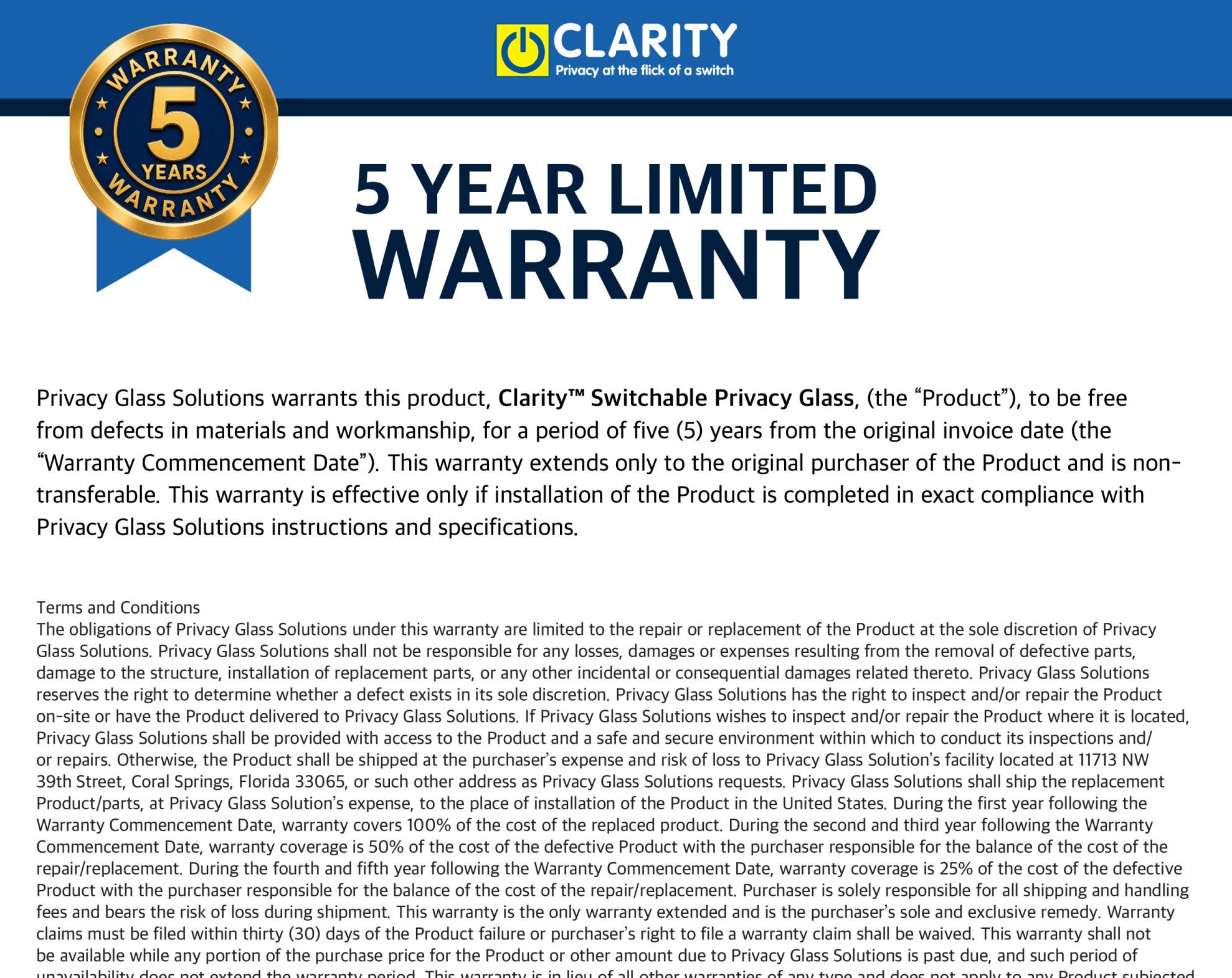 Clarity™ Switchable Privacy Glass Product Warranty