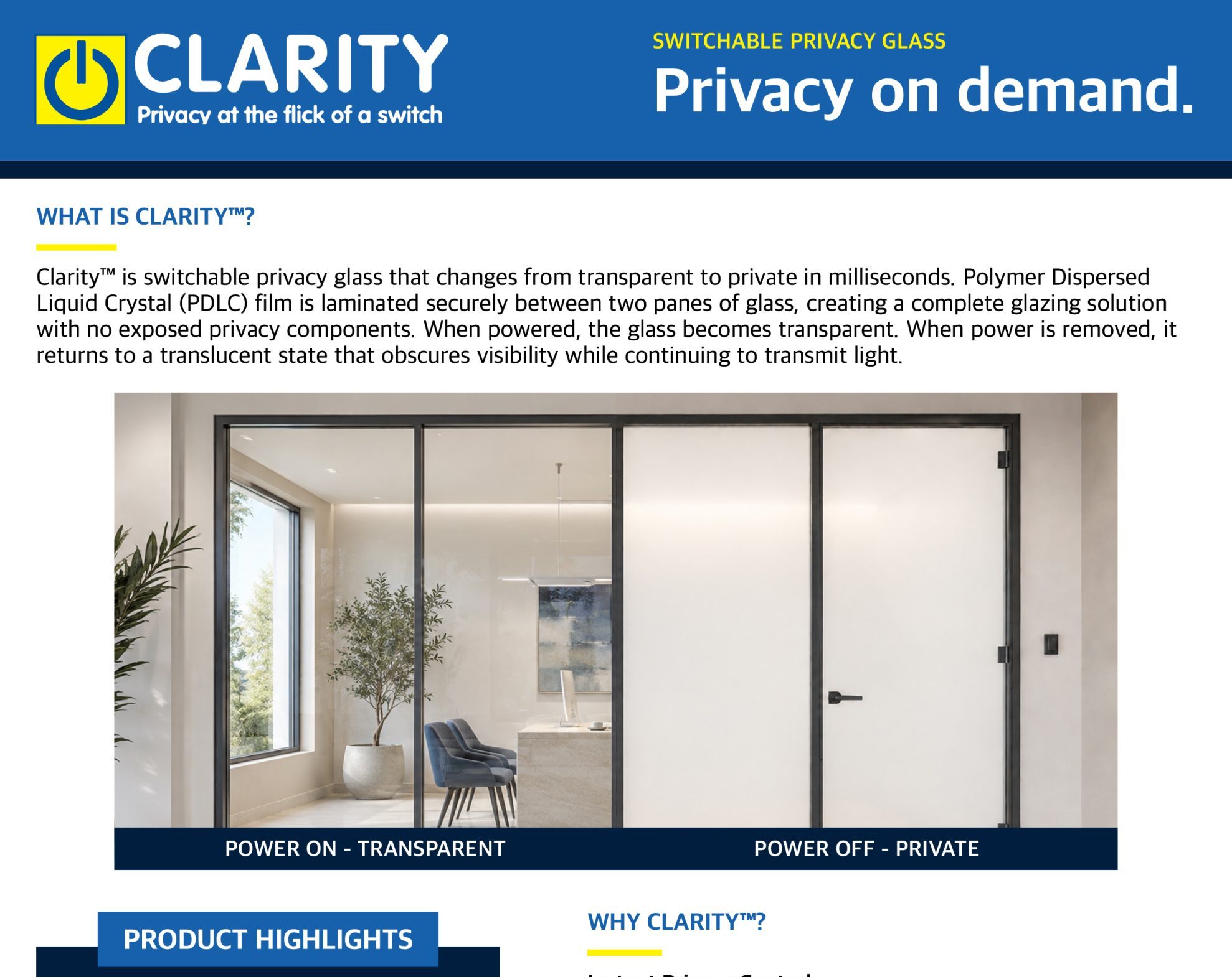 Clarity™ Switchable Privacy Glass Product Data Sheet
