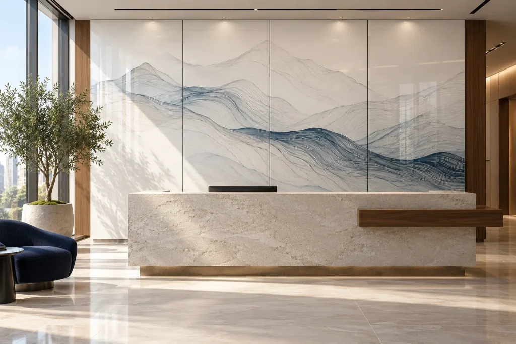 Executive reception with a stone desk and glossy printed glass wall featuring flowing blue and gray contour lines.