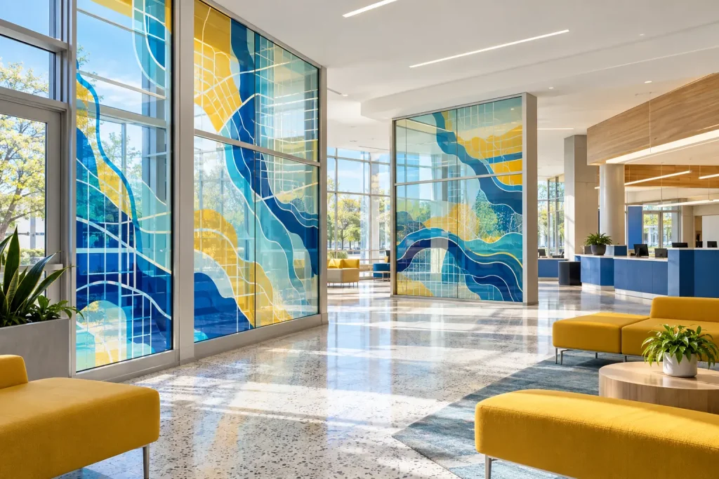 Colorful DecoGlass printed glass partitions in a government civic service center lobby