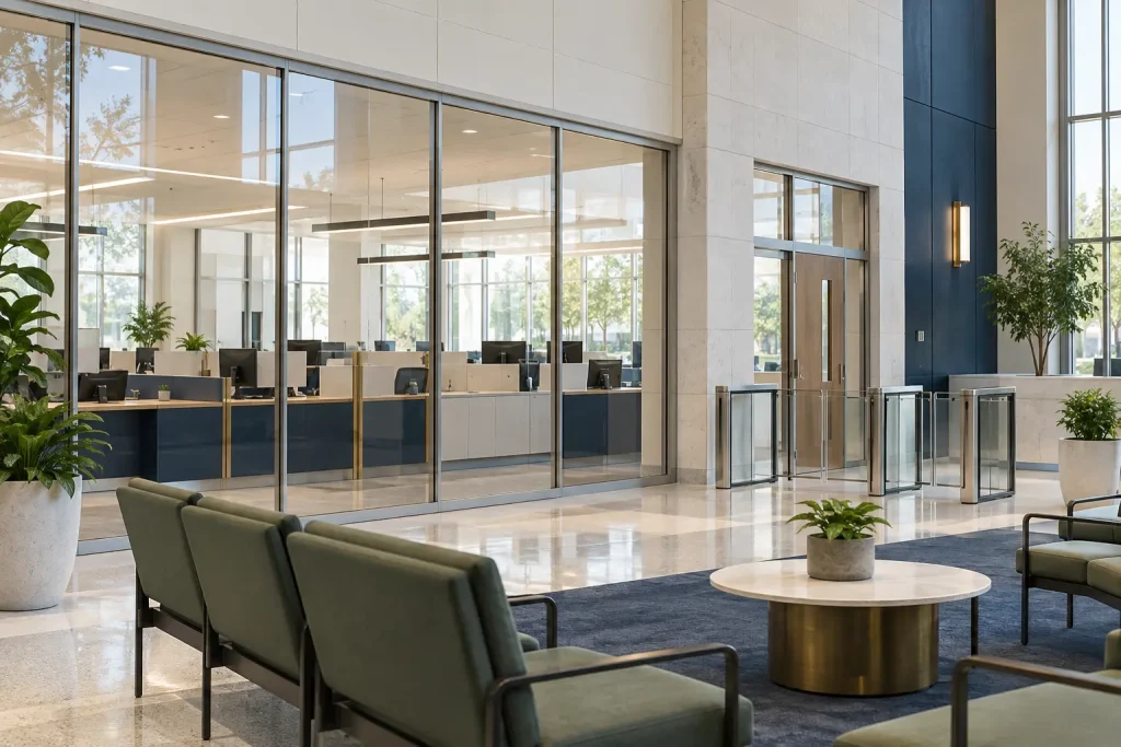 Government civic service center with interior glazing separating the public lobby from a secure staff area