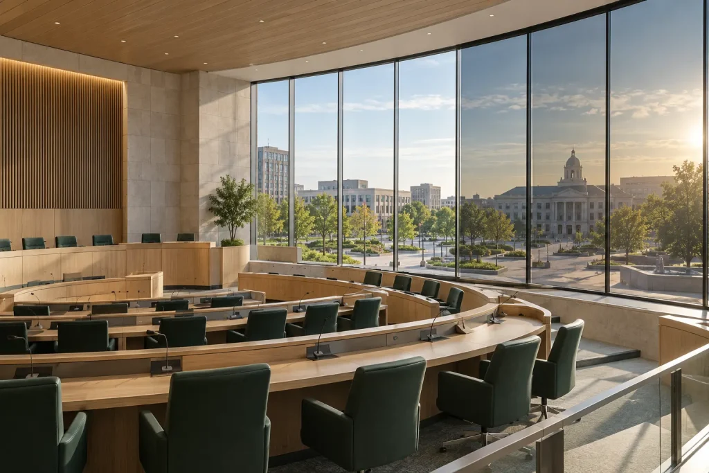 HUEE dynamic glazing controlling daylight across exterior windows in a municipal council chamber