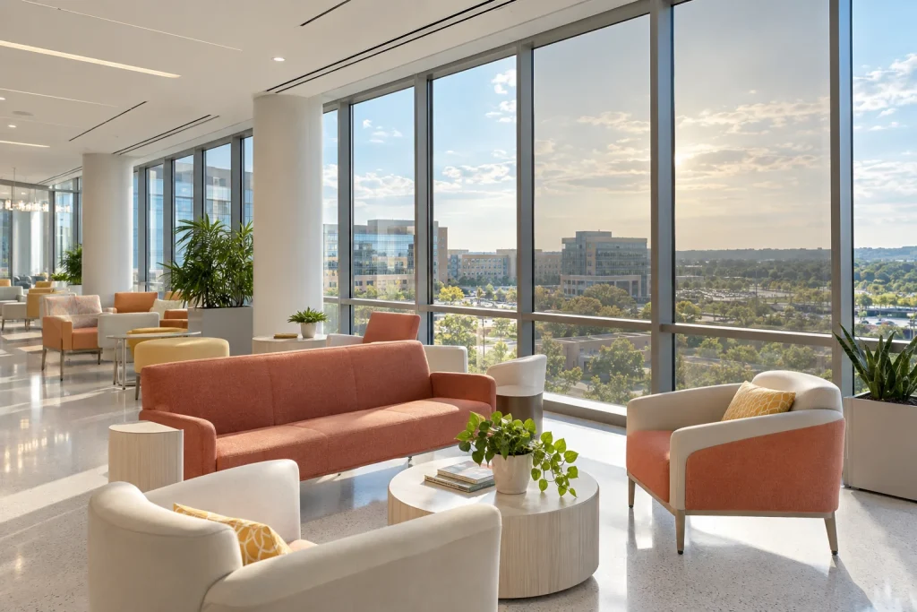HUEE dynamic glazing managing daylight and glare in a healthcare lounge