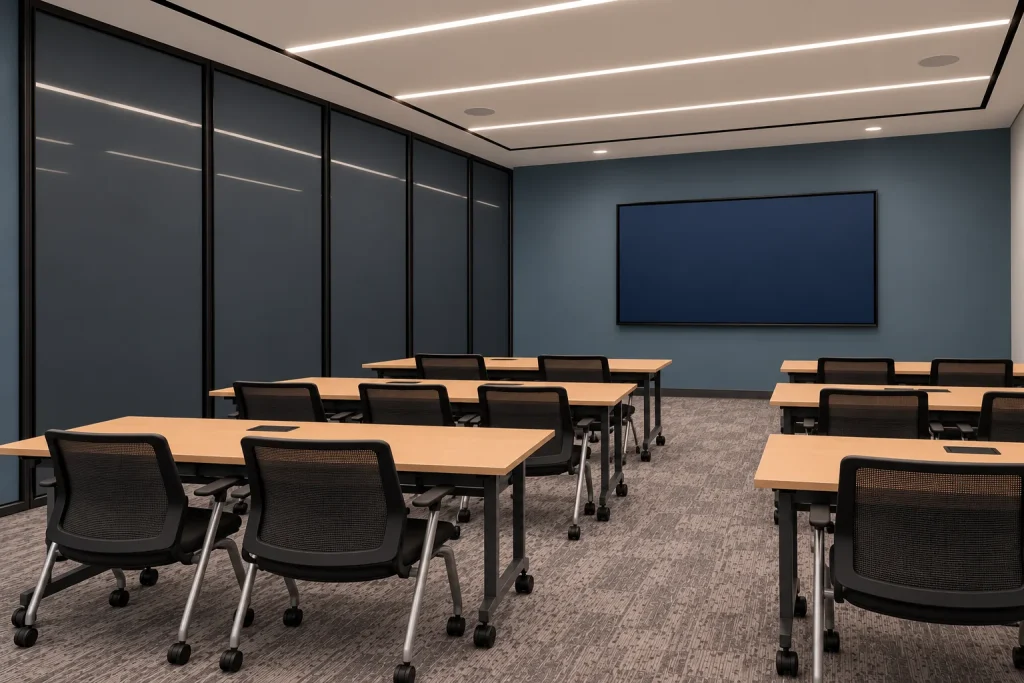 Office training room with darkened side glazing and seating facing a presentation screen.
