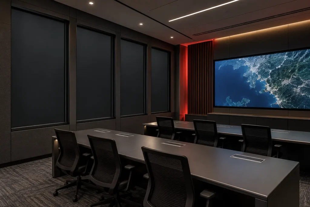 Lyto smart shades providing blackout across windows in a government emergency operations room