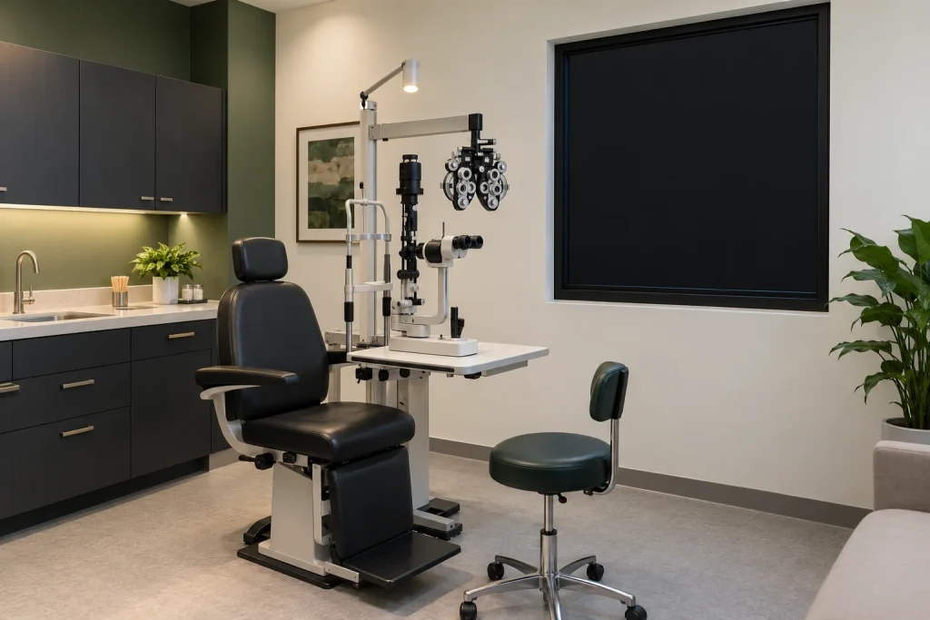 Blackout Lyto™ Smart Shade integrated into a window in an ophthalmology exam room