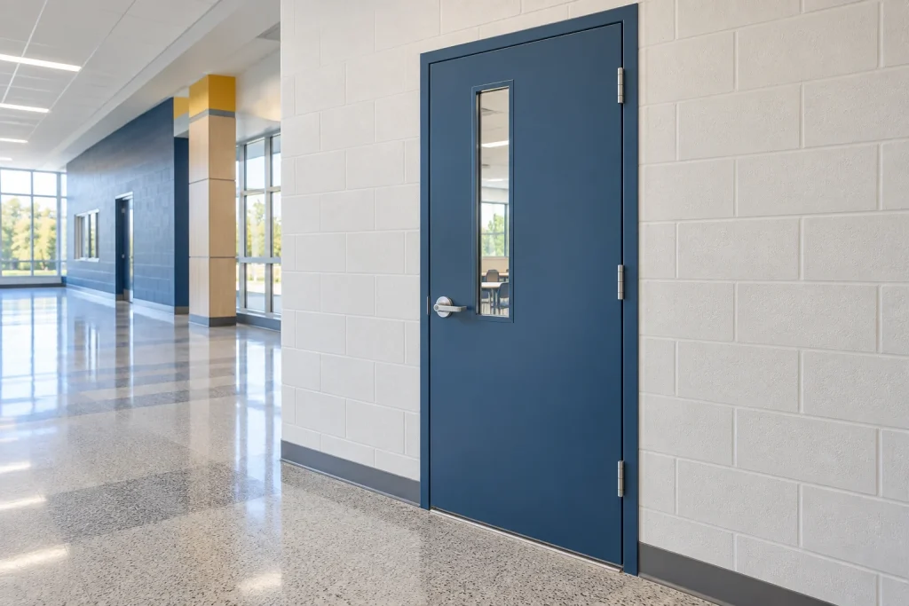 Blue hollow metal classroom door with a glazed vision panel in a modern school corridor