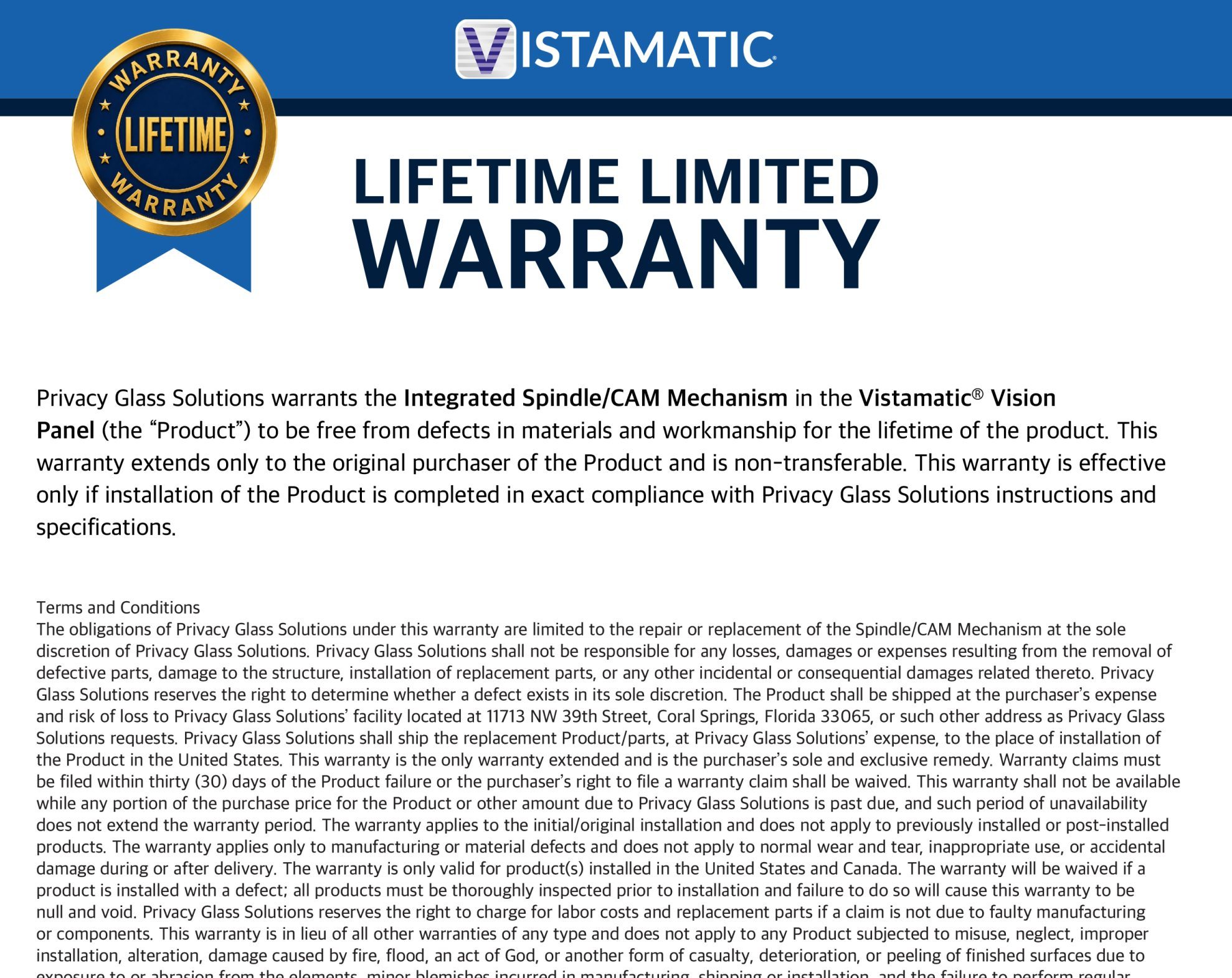 Vistamatic® Privacy Panels Product Warranty