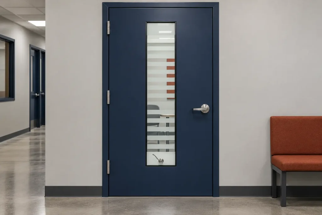 Centered Vistamatic privacy vision panel with staff-side lever in a government interview-room door