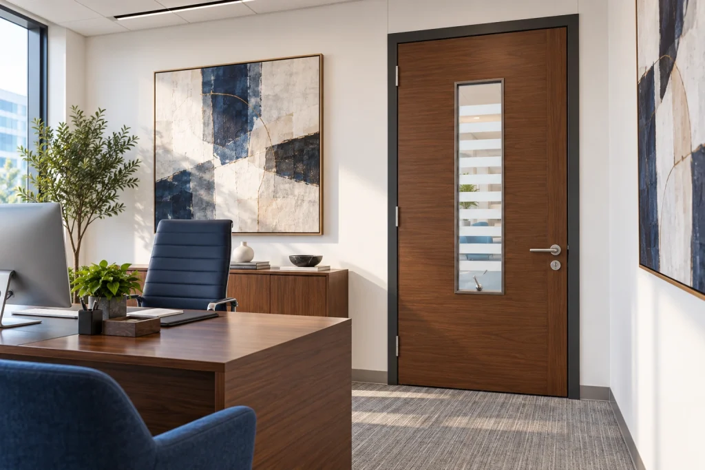 Walnut HR office door with fine horizontal privacy glass bands and a small centered chrome lever.