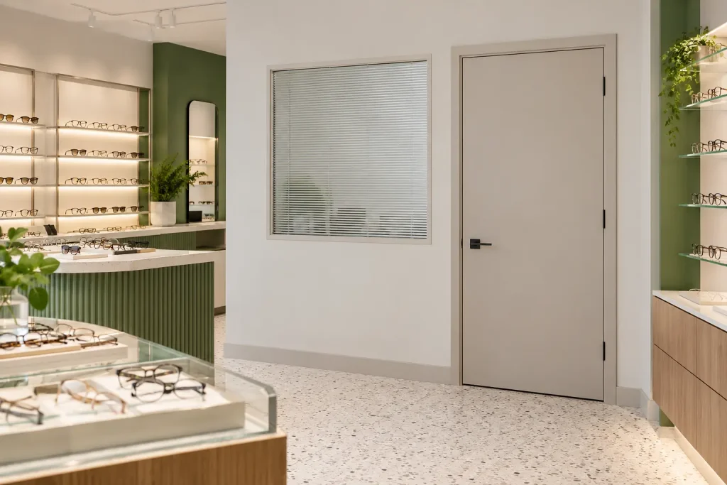 BetweenGlassBlinds integral blinds in a consultation-room window beside a closed door in an optical store