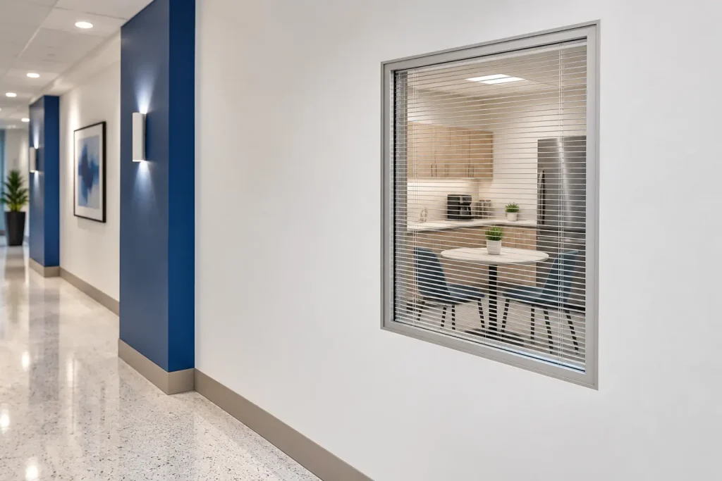 Hotel staff break-room window with BetweenGlassBlinds™ integral blinds