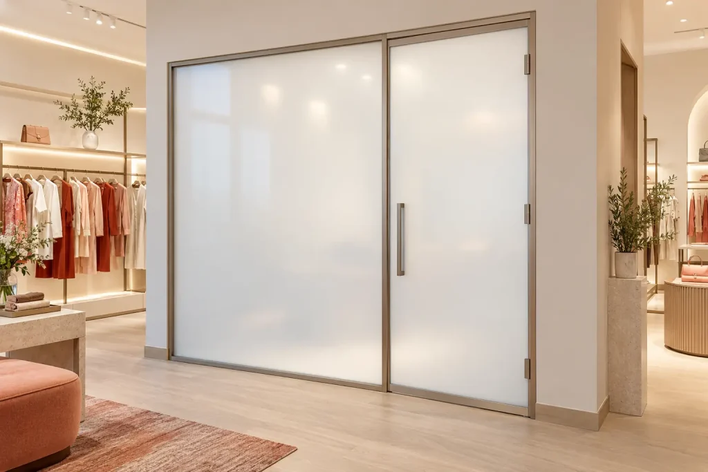 Clarity switchable privacy glass enclosing a private styling suite in a fashion boutique