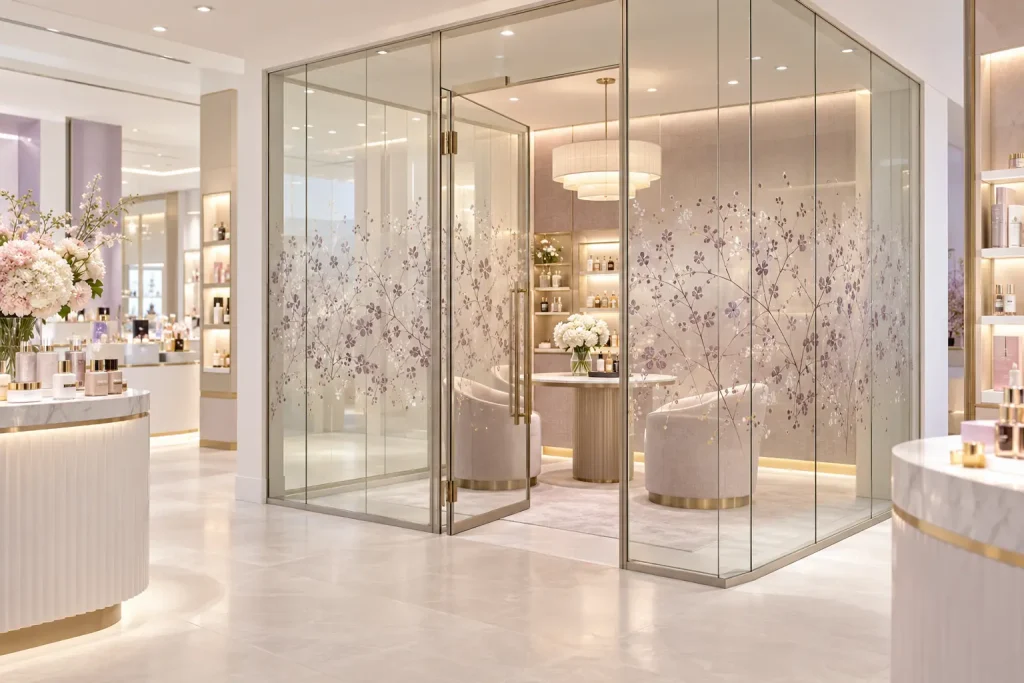 Printed DecoGlass partition and swing door enclosing a cosmetics consultation alcove