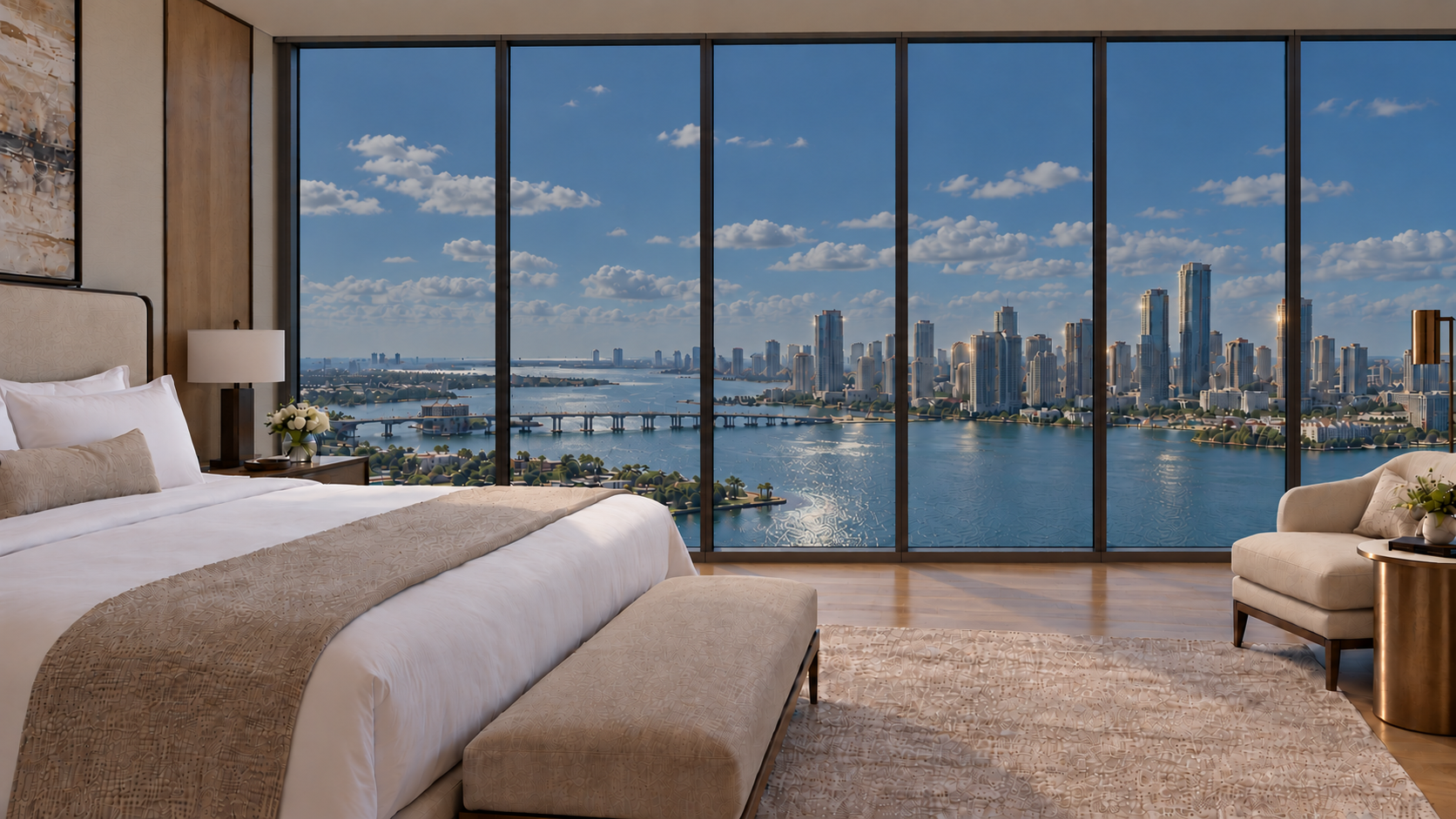 Modern hotel room with blue dynamic glazing overlooking a sunlit waterfront skyline.