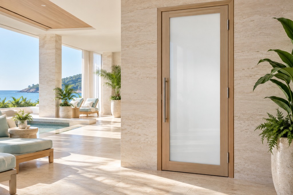 Bright luxury hotel spa with a Clarity™ switchable glass treatment-room door in its private state